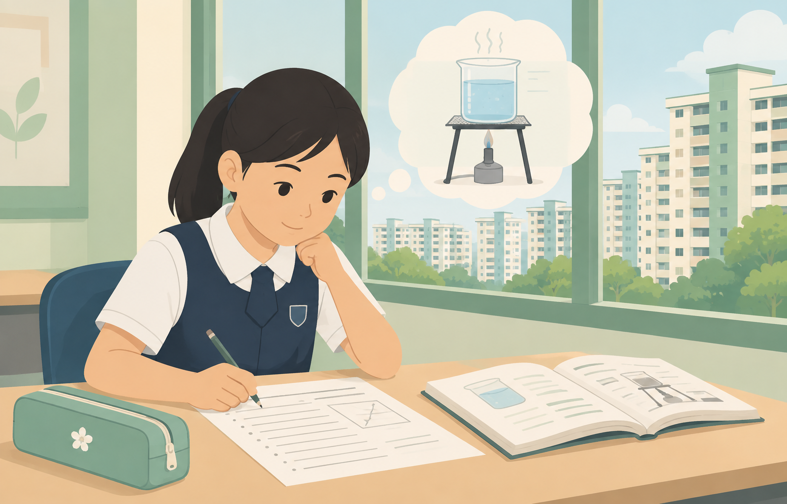 Drawing of a primary school student writing a structured PSLE Science answer, thinking about an experiment