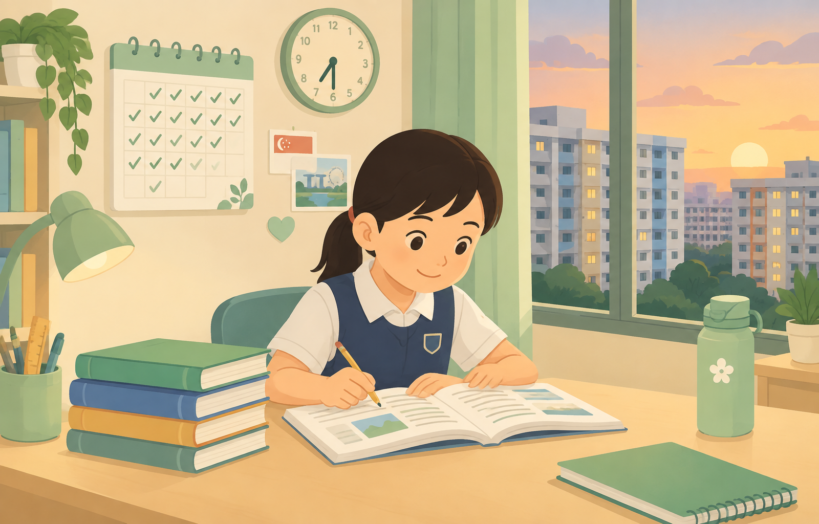 Drawing of a primary school child studying at a tidy desk with a calendar of ticked days